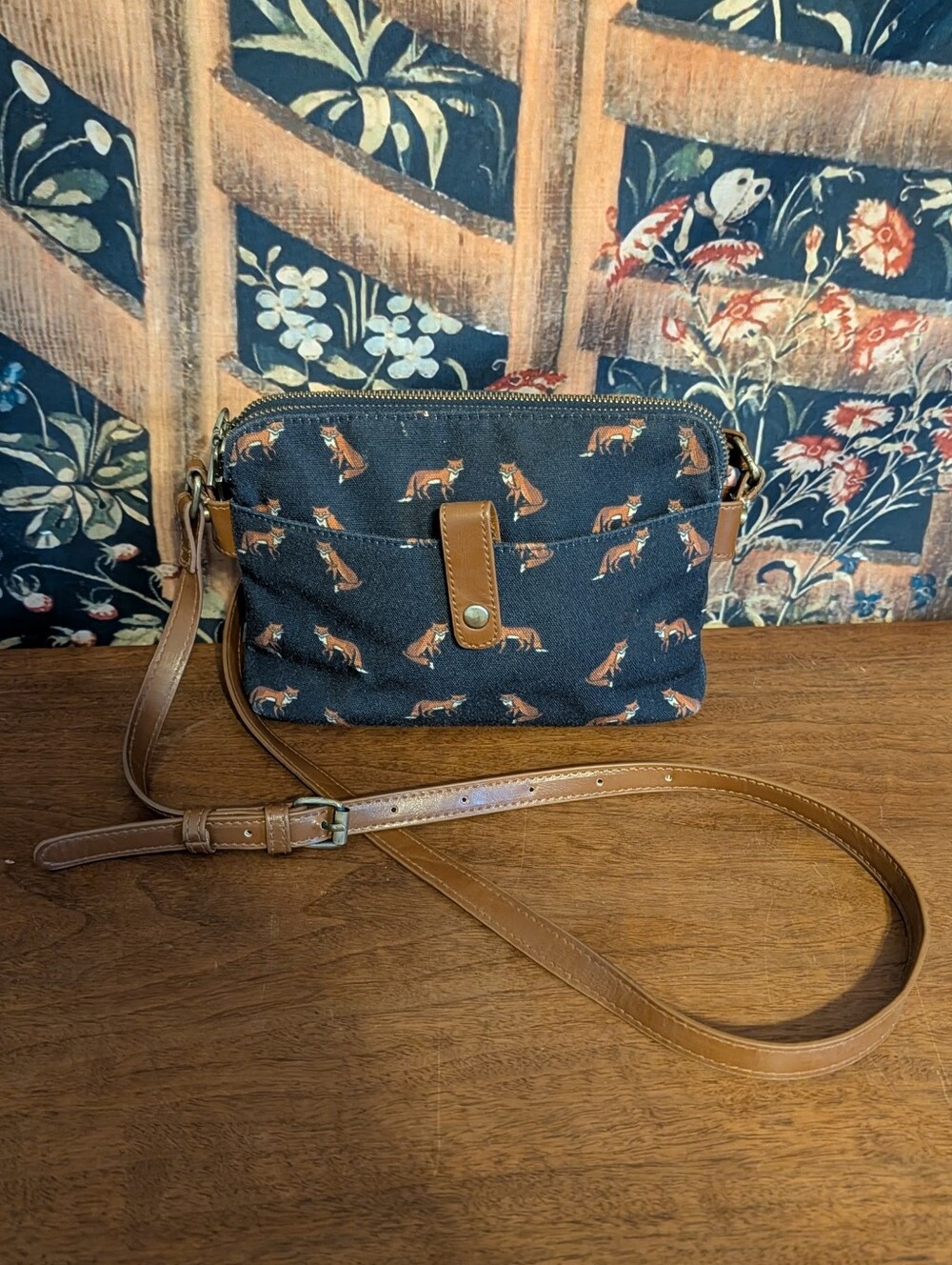 ModCloth Camp Director Fox Print Navy Crossbody Bag Canvas Leather
